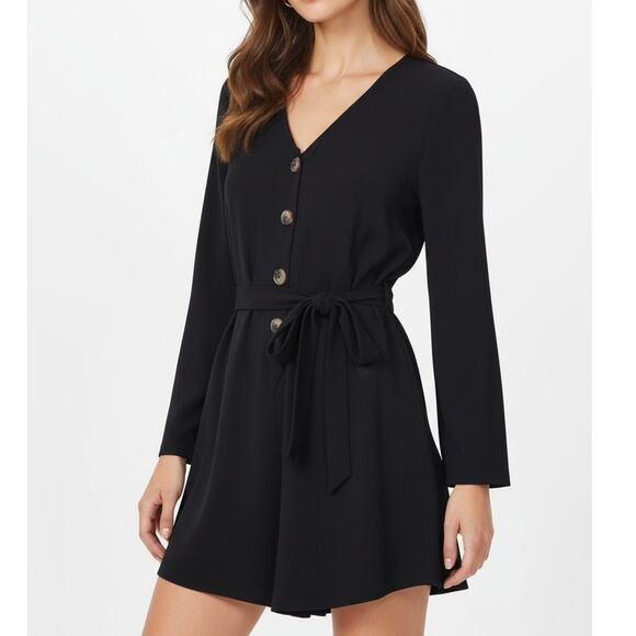 Entro Black Romper Women’s S Button Front Tie Waist 3/4 Sleeve One Piece Casual - Picture 1 of 16